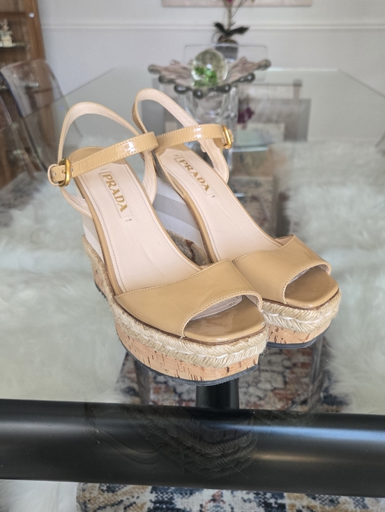 Prada Shoes - Prada Tan Beige Leather Espadrille Wedge Sandals Square Peep Toe Heels 40